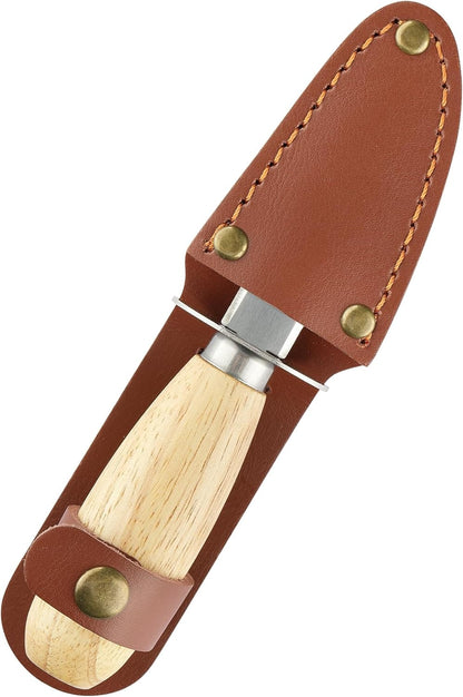 Oyster Shucking Knife, HIA Stainless Steel Oyster Knife Shucker Opener with Ergonomic Wooden Handle, Protective Leather Sheath
