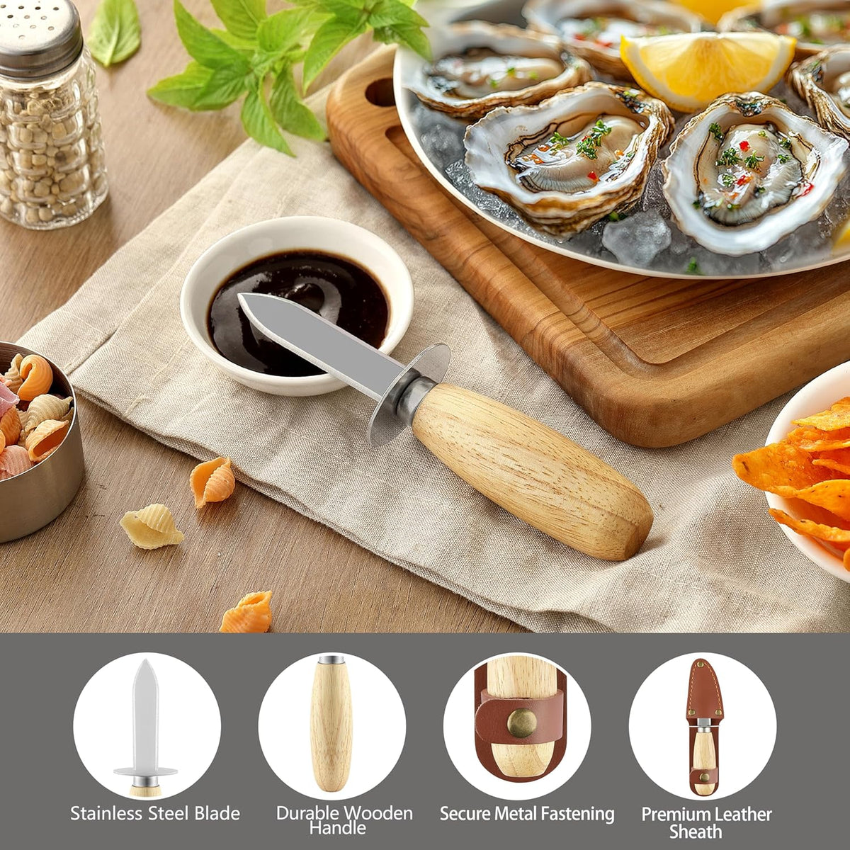 Oyster Shucking Knife, HIA Stainless Steel Oyster Knife Shucker Opener with Ergonomic Wooden Handle, Protective Leather Sheath