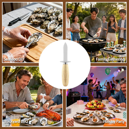 Oyster Shucking Knife, HIA Stainless Steel Oyster Knife Shucker Opener with Ergonomic Wooden Handle, Protective Leather Sheath