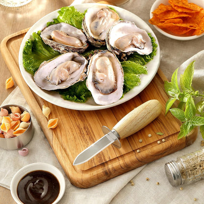 Oyster Shucking Knife, HIA Stainless Steel Oyster Knife Shucker Opener with Ergonomic Wooden Handle, Protective Leather Sheath