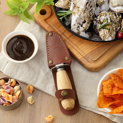 Oyster Shucking Knife, HIA Stainless Steel Oyster Knife Shucker Opener with Ergonomic Wooden Handle, Protective Leather Sheath