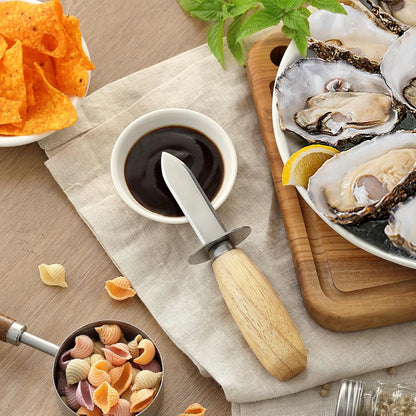 Oyster Shucking Knife, HIA Stainless Steel Oyster Knife Shucker Opener with Ergonomic Wooden Handle, Protective Leather Sheath