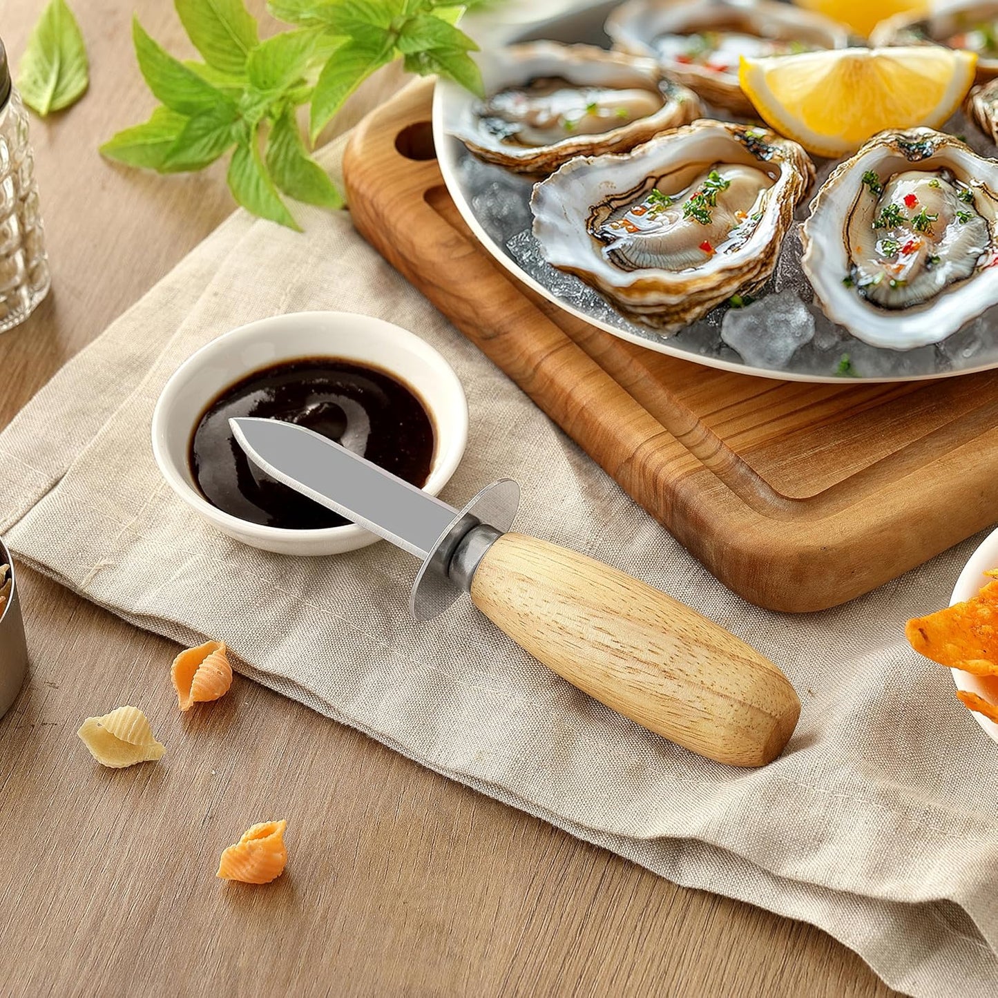Oyster Shucking Knife, HIA Stainless Steel Oyster Knife Shucker Opener with Ergonomic Wooden Handle, Protective Leather Sheath