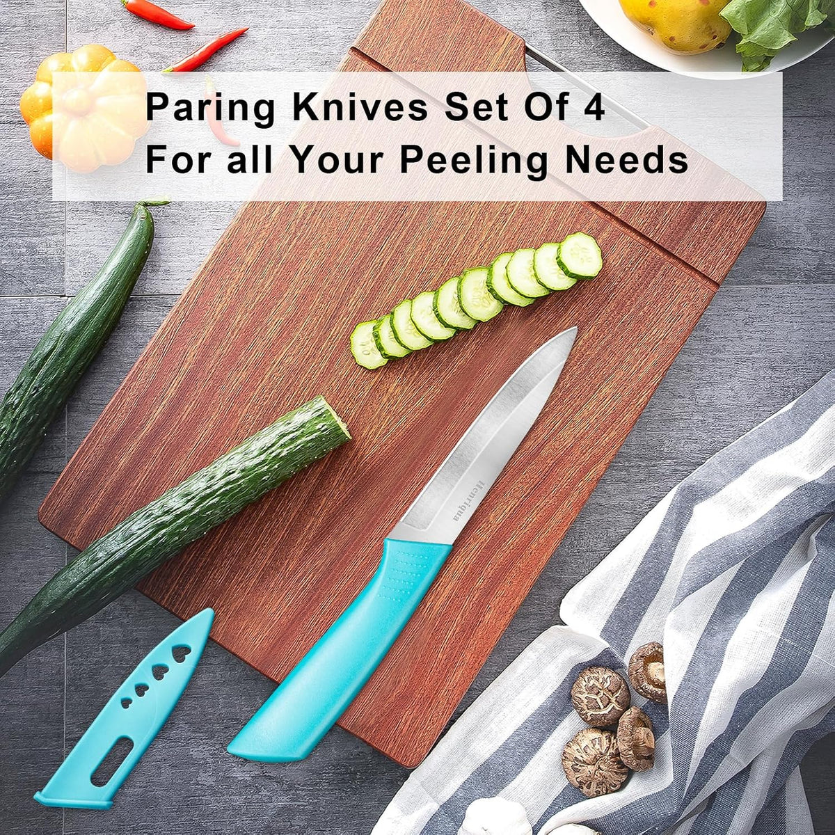 Paring Knife Set of 4, Paring Knives With Cover, 4 inch Small Fruit Knife, Ultra Sharp Kitchen Knives，High Carbon Stainless Steel PP Plastic Handle