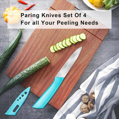 Paring Knife Set of 4, Paring Knives With Cover, 4 inch Small Fruit Knife, Ultra Sharp Kitchen Knives，High Carbon Stainless Steel PP Plastic Handle