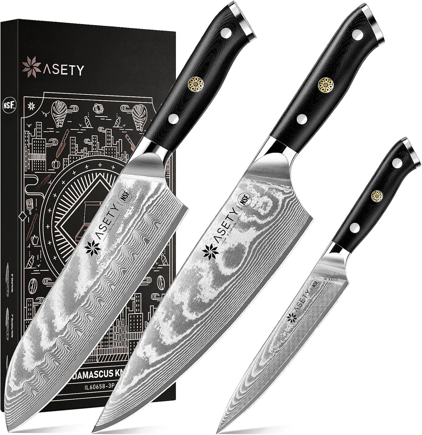 Damascus Knife Set 3 PCS: Japanese Kitchen Knives with VG10 Steel Core, Ultra-Sharp Professional Chef Knife Set, Full Tang G10 Handle, NSF Food-Safe, Elegant Box for Men Him Husband, Fathers day