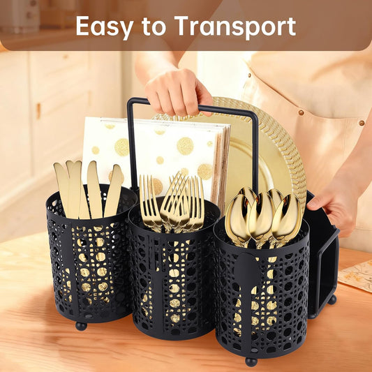 Utensil Caddy Silverware Holder Fork Spoon Napkin Paper Plate Organizer Metal Utensil Holder Cutlery Flatware Organizers for Party Kitchen Countertop Camping Picnic - Black Mesh