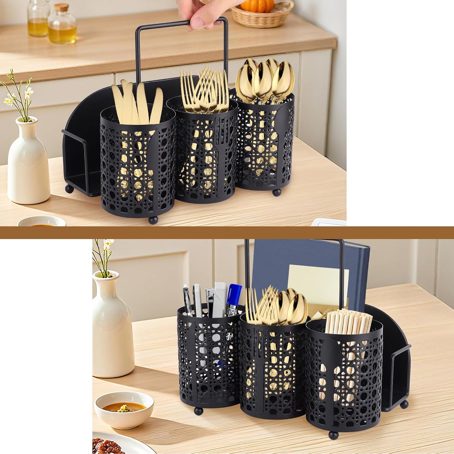 Utensil Caddy Silverware Holder Fork Spoon Napkin Paper Plate Organizer Metal Utensil Holder Cutlery Flatware Organizers for Party Kitchen Countertop Camping Picnic - Black Mesh