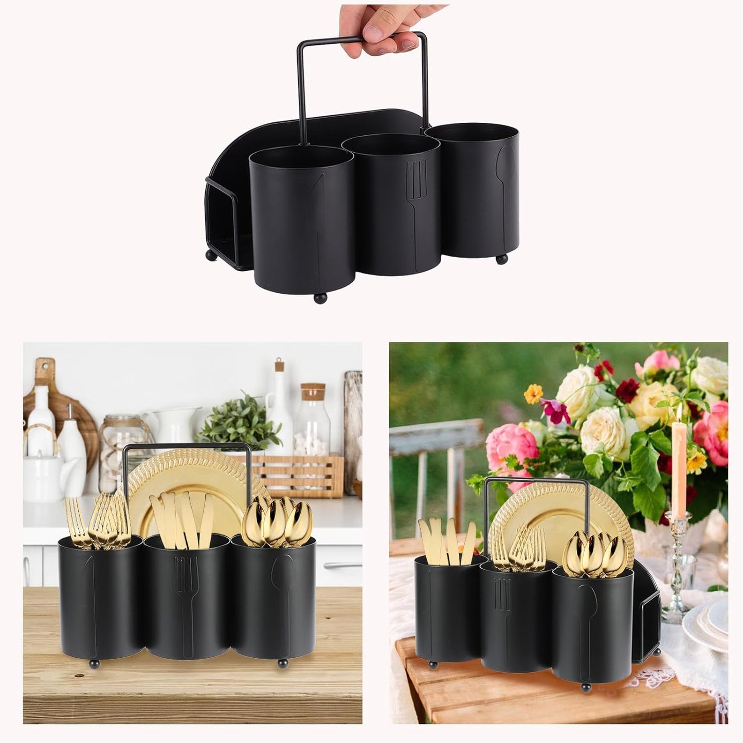 Utensil Caddy Silverware Holder Fork Spoon Napkin Paper Plate Organizer Metal Utensil Holder Cutlery Flatware Organizers for Party Kitchen Countertop Camping Picnic - Black Mesh