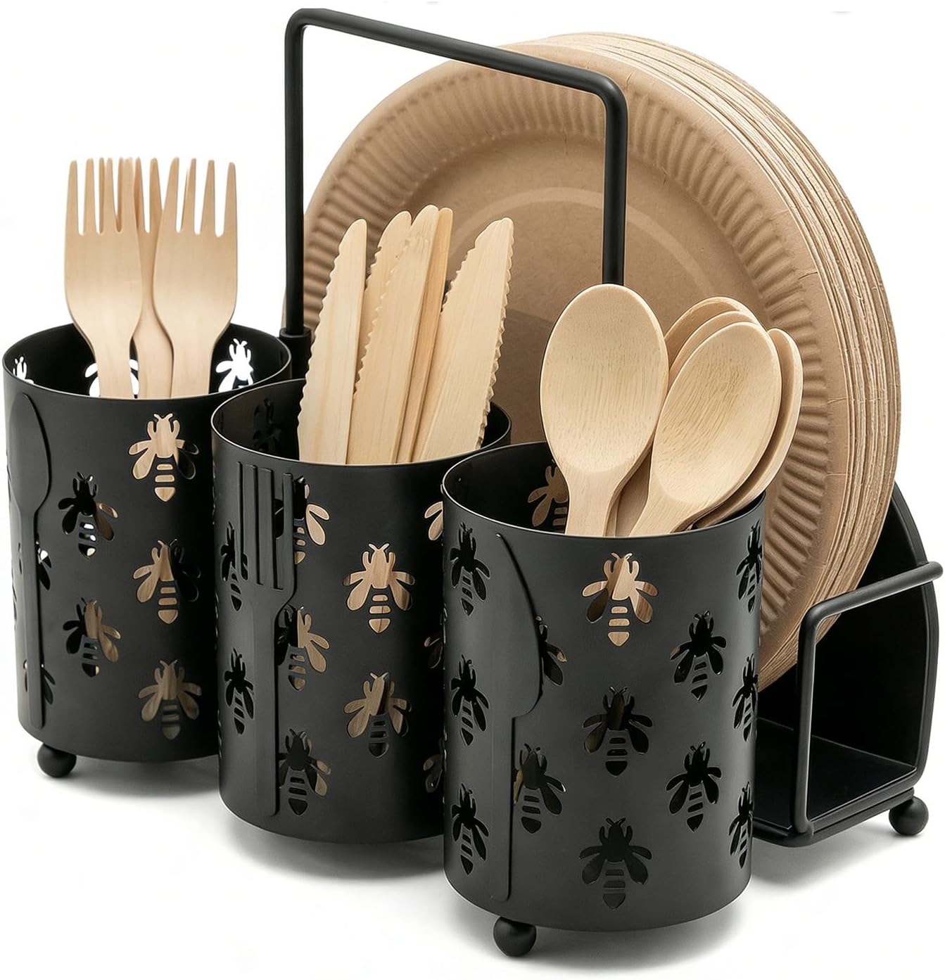 Utensil Caddy Silverware Holder Fork Spoon Napkin Paper Plate Organizer Metal Utensil Holder Cutlery Flatware Organizers for Party Kitchen Countertop Camping Picnic - Black Mesh