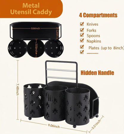Utensil Caddy Silverware Holder Fork Spoon Napkin Paper Plate Organizer Metal Utensil Holder Cutlery Flatware Organizers for Party Kitchen Countertop Camping Picnic - Black Mesh