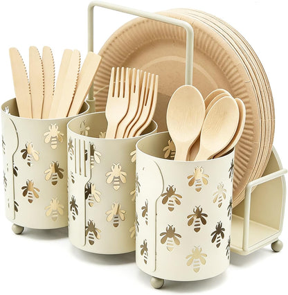 Utensil Caddy Silverware Holder Fork Spoon Napkin Paper Plate Organizer Metal Utensil Holder Cutlery Flatware Organizers for Party Kitchen Countertop Camping Picnic - Black Mesh