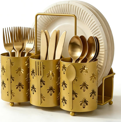 Utensil Caddy Silverware Holder Fork Spoon Napkin Paper Plate Organizer Metal Utensil Holder Cutlery Flatware Organizers for Party Kitchen Countertop Camping Picnic - Black Mesh