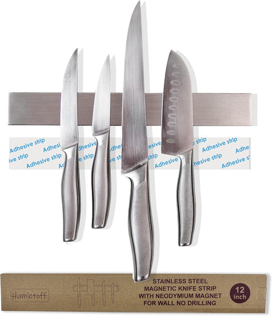 Premium Magnetic Knife Strip for Wall no Drilling – 12 Inch Stainless Steel Magnetic Knife Holder with Neodymium Magnet Strong Adhesive Tape - Lightweight Kitchen Magnet Knife Bar