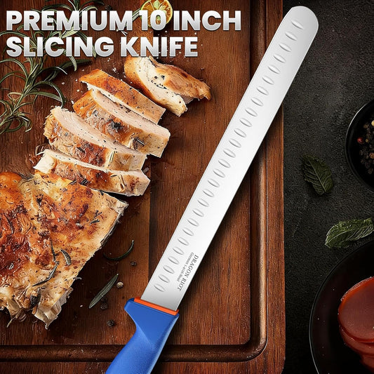 Carving Knife 10 Inch, Brisket Slicing Knife, Ultra Sharp Straight Edge Meat Knife, German 1.4116 Stainless Steel, Professional Slicer for Beef, Turkey & BBQ, Non-Slip Blue Handle
