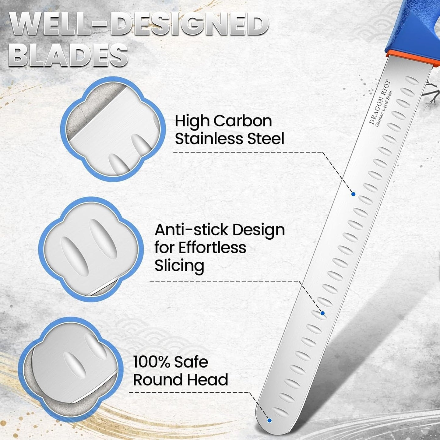 Carving Knife 10 Inch, Brisket Slicing Knife, Ultra Sharp Straight Edge Meat Knife, German 1.4116 Stainless Steel, Professional Slicer for Beef, Turkey & BBQ, Non-Slip Blue Handle