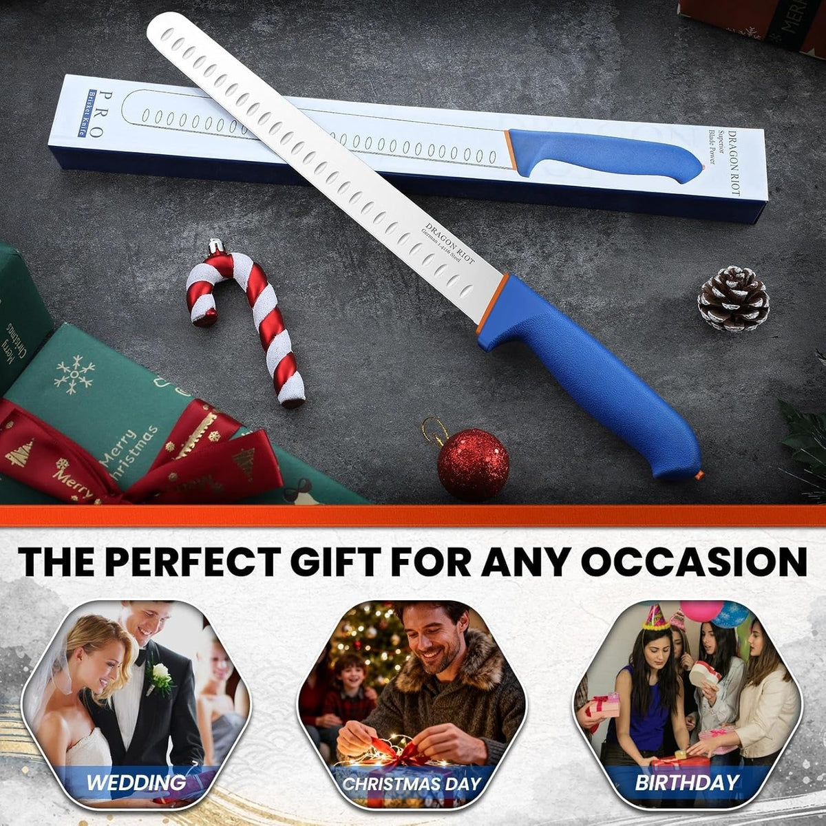 Carving Knife 10 Inch, Brisket Slicing Knife, Ultra Sharp Straight Edge Meat Knife, German 1.4116 Stainless Steel, Professional Slicer for Beef, Turkey & BBQ, Non-Slip Blue Handle