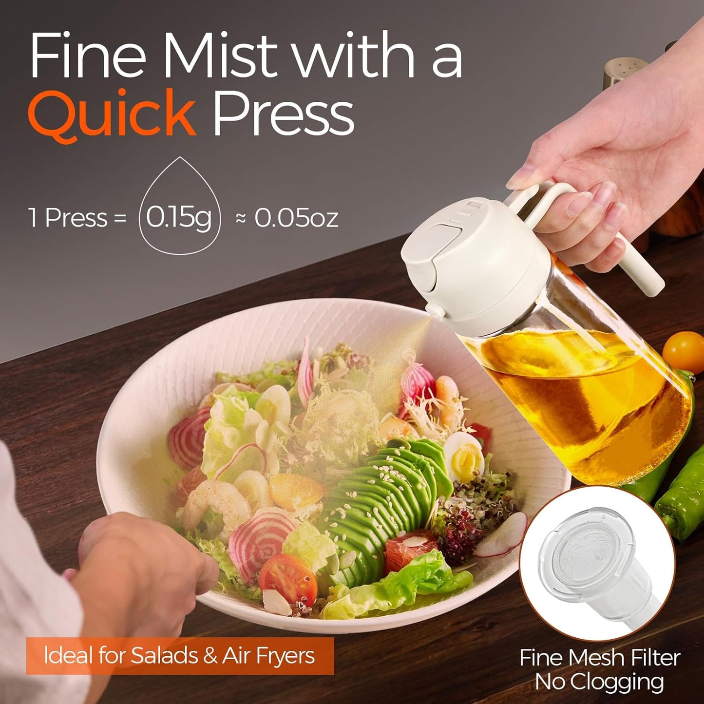 16oz/470ml Glass Olive Oil Sprayer for Cooking with Stickers, 2 in 1 Oil Dispenser for Kitchen Gadgets, Food Grade Premium Spray Bottle for Salad, Frying, BBQ (Creamy White)