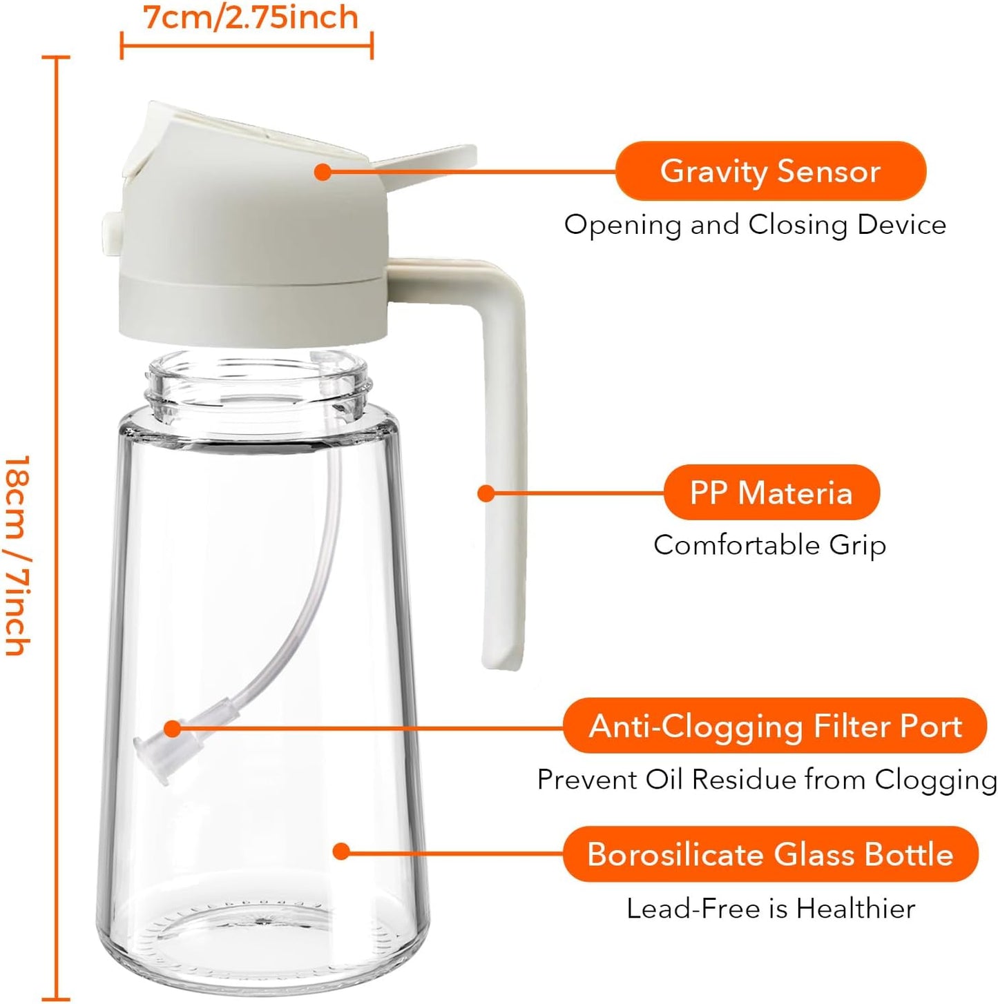 16oz/470ml Glass Olive Oil Sprayer for Cooking with Stickers, 2 in 1 Oil Dispenser for Kitchen Gadgets, Food Grade Premium Spray Bottle for Salad, Frying, BBQ (Creamy White)