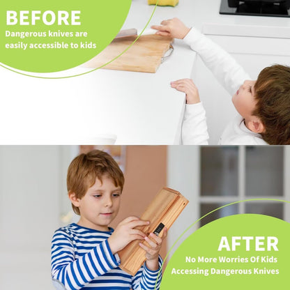 Knife Lock Box - Kitchen Knife Storage Box, Kids Safe In Drawer Knife Block, Wooden Sharp Knives Holder & Organizer, Multi Purpose Lock Box, Knife Storage Alternative (Knives Not Included)