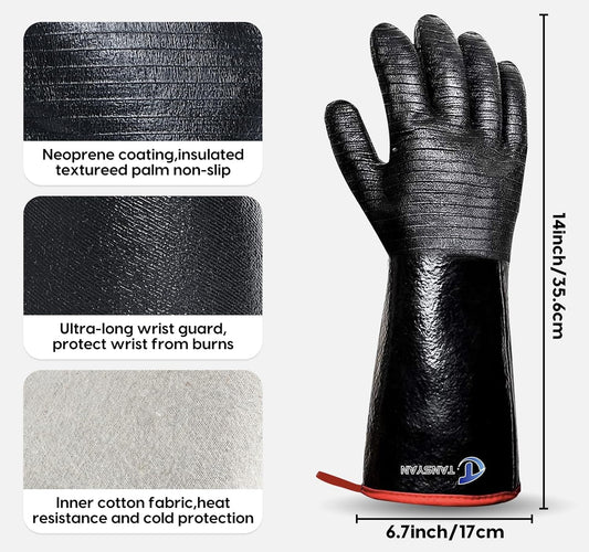 932°F Extreme Heat Resistant Gloves for Grill BBQ, Waterproof Long Sleeve Pit Grill Gloves for Fryer, Baking, Oven,Smoker,Fireproof, Oil Resistant Neoprene Coating（14-Inch ）
