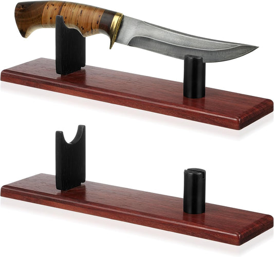2 Piece Knife Display Stand Single Fixed Blade Pocket Knife Holder Case Fits Most Knives & Swords for Collection Showcase Rustic Home Kitchen Living Room Cabin Decor(Wood Color,Rosewood)