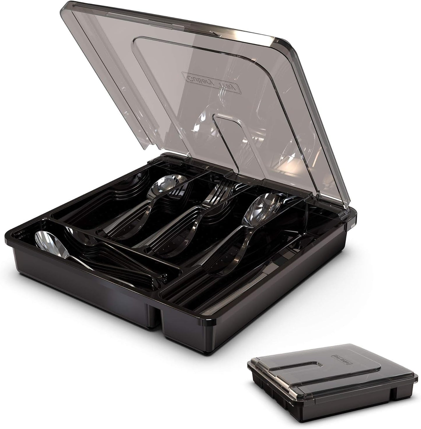 Silverware Organizer with Lid, Covered Utensil Tray for Kitchen Drawer and Countertop, Plastic Cutlery and Flatware Storage Box for Spoons Forks Knives Holder Case, BPA Free Flatware (BLACK)