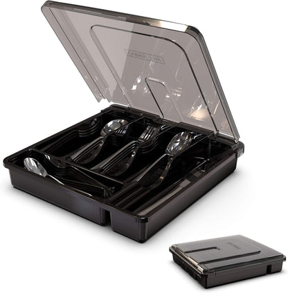 Silverware Organizer with Lid, Covered Utensil Tray for Kitchen Drawer and Countertop, Plastic Cutlery and Flatware Storage Box for Spoons Forks Knives Holder Case, BPA Free Flatware (BLACK)