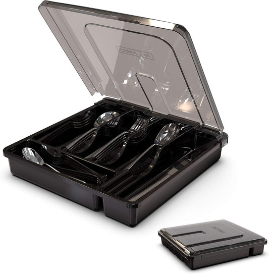 Silverware Organizer with Lid, Covered Utensil Tray for Kitchen Drawer and Countertop, Plastic Cutlery and Flatware Storage Box for Spoons Forks Knives Holder Case, BPA Free Flatware (BLACK)