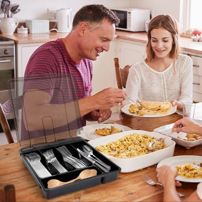 Silverware Organizer with Lid, Covered Utensil Tray for Kitchen Drawer and Countertop, Plastic Cutlery and Flatware Storage Box for Spoons Forks Knives Holder Case, BPA Free Flatware (BLACK)