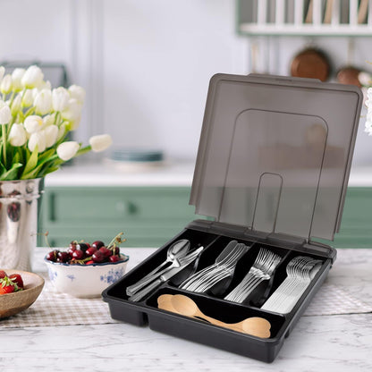Silverware Organizer with Lid, Covered Utensil Tray for Kitchen Drawer and Countertop, Plastic Cutlery and Flatware Storage Box for Spoons Forks Knives Holder Case, BPA Free Flatware (BLACK)