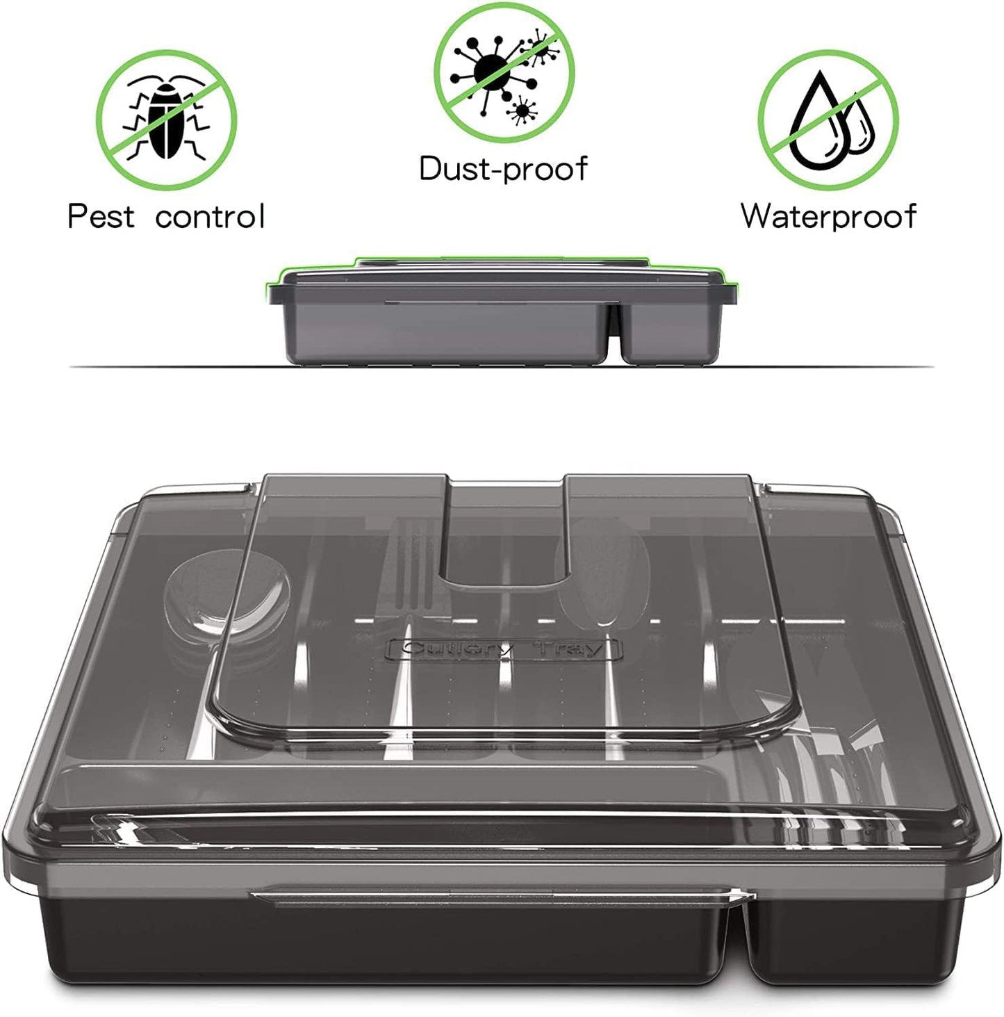 Silverware Organizer with Lid, Covered Utensil Tray for Kitchen Drawer and Countertop, Plastic Cutlery and Flatware Storage Box for Spoons Forks Knives Holder Case, BPA Free Flatware (BLACK)