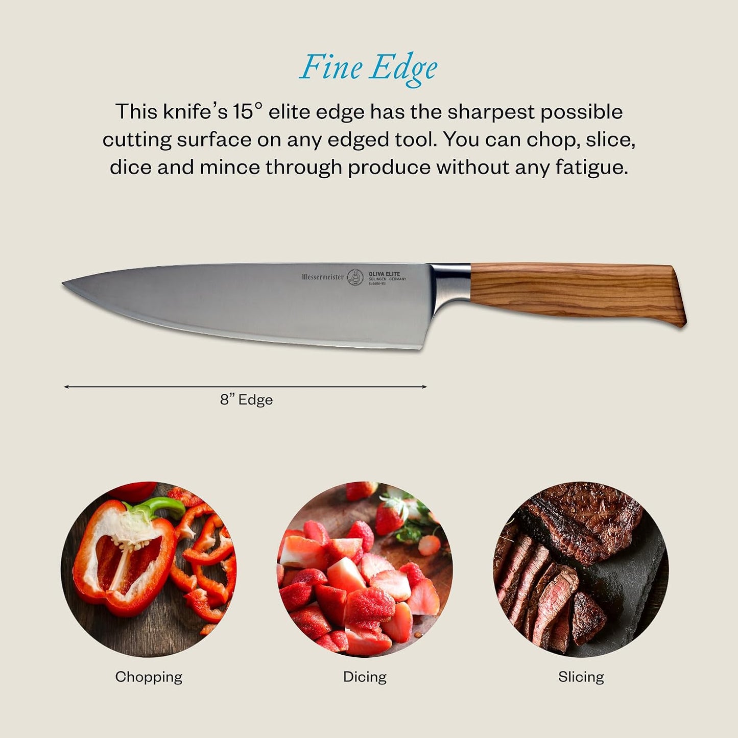 Oliva Elite Stealth 8” Chef’s Knife - Fine German Steel Alloy Blade & Natural Mediterranean Olive Wood Handle - Rust Resistant & Easy to Maintain