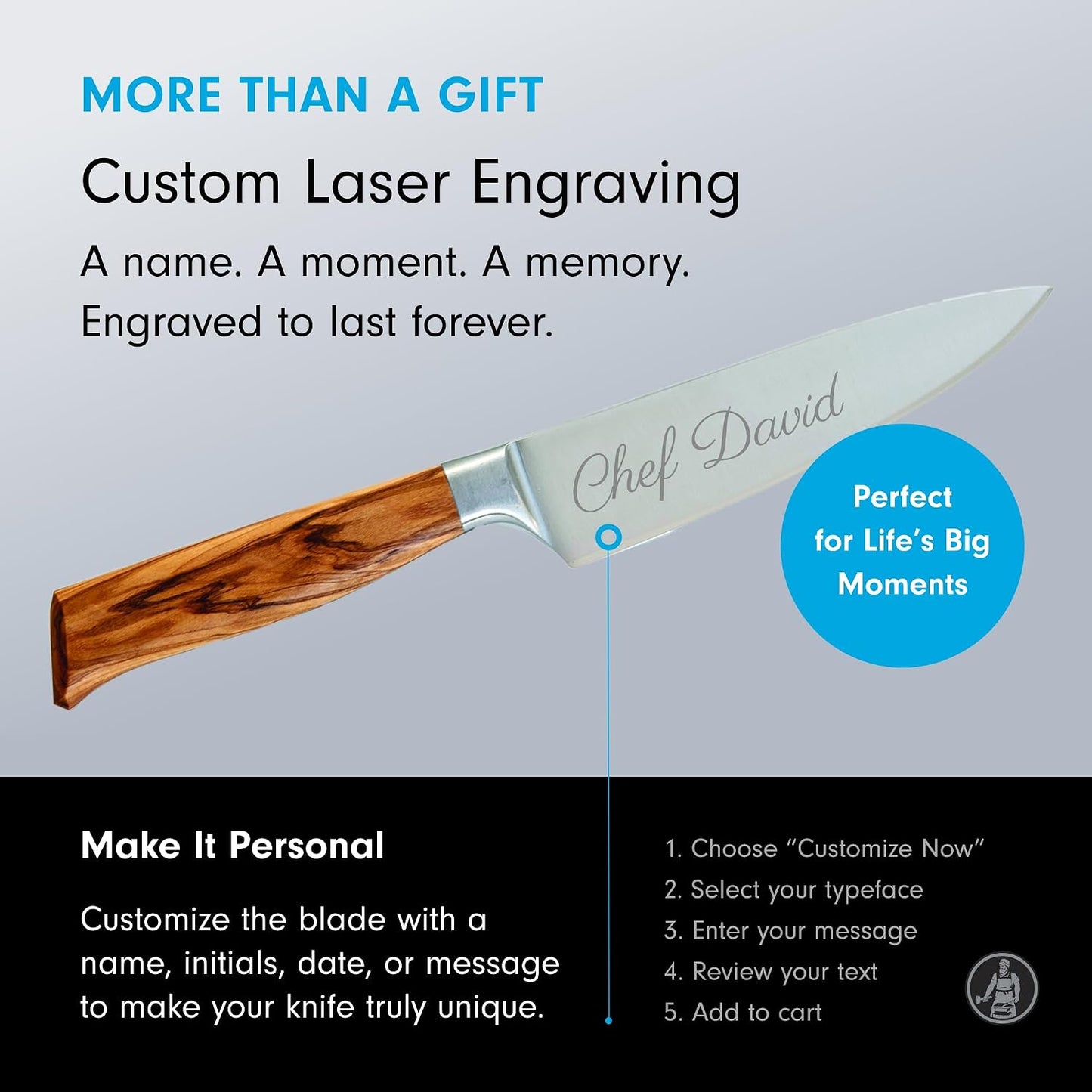 Oliva Elite Stealth 8” Chef’s Knife - Fine German Steel Alloy Blade & Natural Mediterranean Olive Wood Handle - Rust Resistant & Easy to Maintain