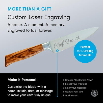 Oliva Elite Stealth 8” Chef’s Knife - Fine German Steel Alloy Blade & Natural Mediterranean Olive Wood Handle - Rust Resistant & Easy to Maintain