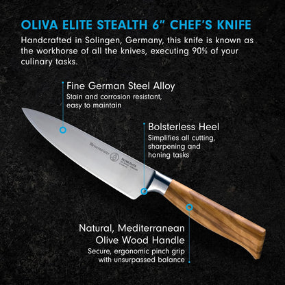Oliva Elite Stealth 8” Chef’s Knife - Fine German Steel Alloy Blade & Natural Mediterranean Olive Wood Handle - Rust Resistant & Easy to Maintain