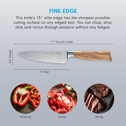 Oliva Elite Stealth 8” Chef’s Knife - Fine German Steel Alloy Blade & Natural Mediterranean Olive Wood Handle - Rust Resistant & Easy to Maintain