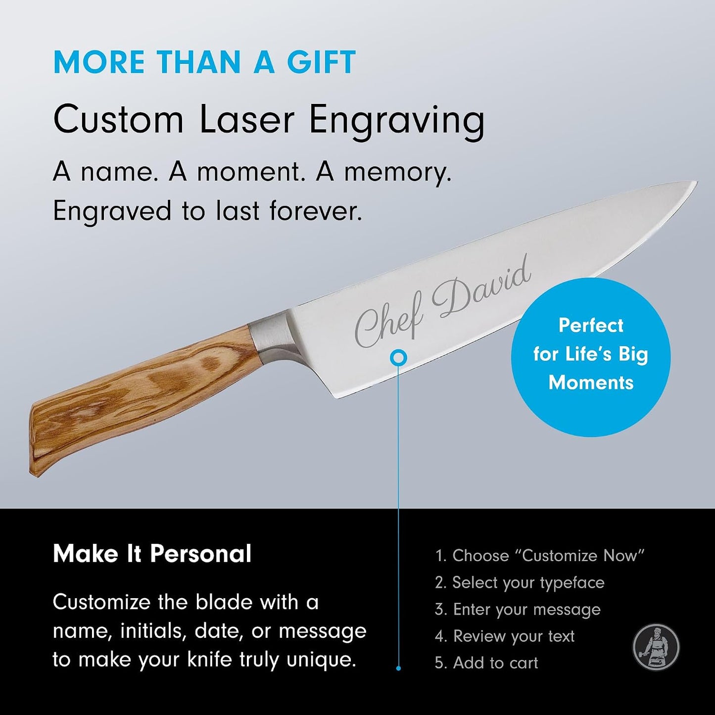 Oliva Elite Stealth 8” Chef’s Knife - Fine German Steel Alloy Blade & Natural Mediterranean Olive Wood Handle - Rust Resistant & Easy to Maintain