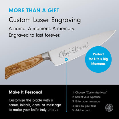 Oliva Elite Stealth 8” Chef’s Knife - Fine German Steel Alloy Blade & Natural Mediterranean Olive Wood Handle - Rust Resistant & Easy to Maintain