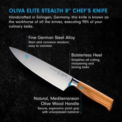Oliva Elite Stealth 8” Chef’s Knife - Fine German Steel Alloy Blade & Natural Mediterranean Olive Wood Handle - Rust Resistant & Easy to Maintain