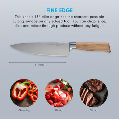 Oliva Elite Stealth 8” Chef’s Knife - Fine German Steel Alloy Blade & Natural Mediterranean Olive Wood Handle - Rust Resistant & Easy to Maintain