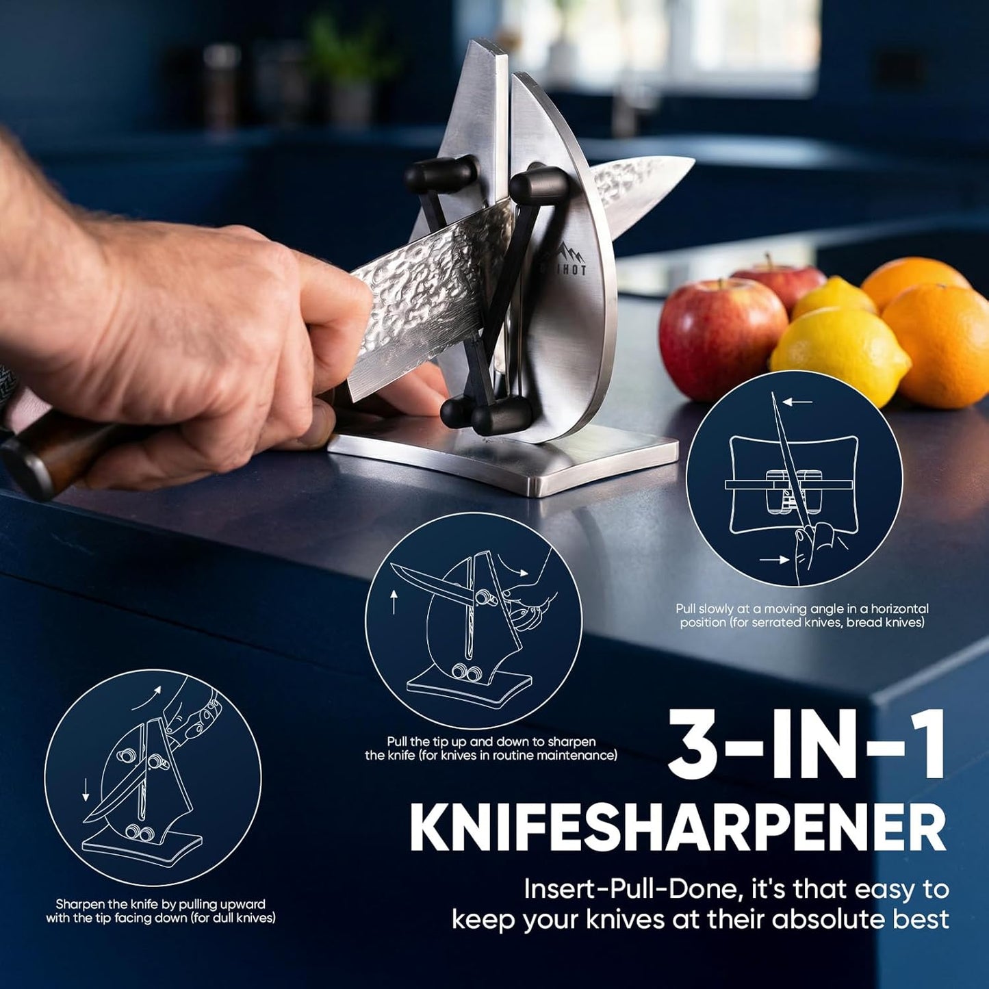 VN3 Professional Knife Sharpener | 3-Action Tungsten Carbide | For Repair, Restoration and Sharpening, Easy to Use, Replacement Blades Included, Soild and Durable, Sailboat Shaped Design