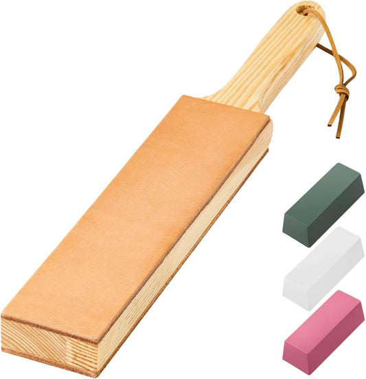 Double Side Leather Strop for Knife Sharpening - 14"x 2" Stropping Block Kit with Polishing Compound, Knife Strop with Ergonomic Handle for Honing Knives, Woodworking Chisels