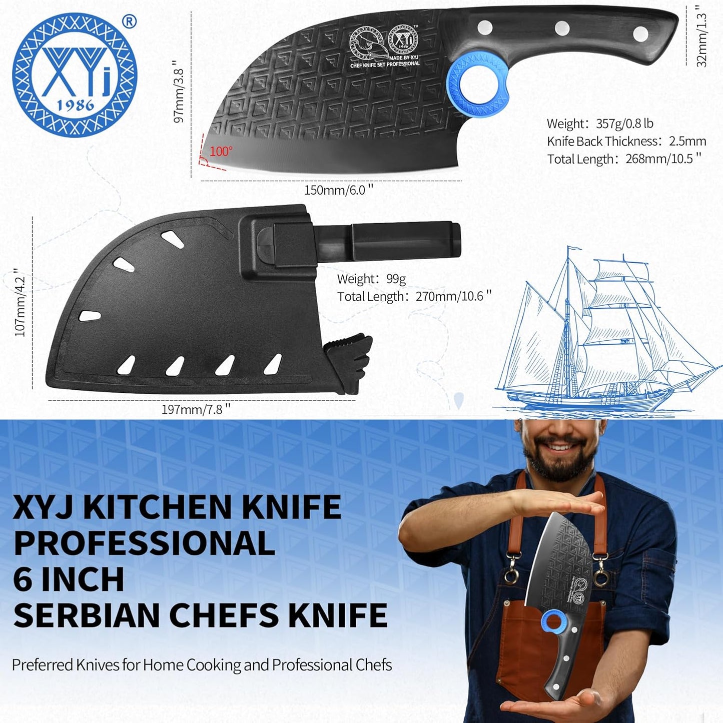 Authentic Since 1986,Heavy Duty Large Meat Cleaver,Serbian Chef Butcher Knife with Case,Chefs Vegetable Kitchen Knife,Full Tang,Wood Handle with Sheath