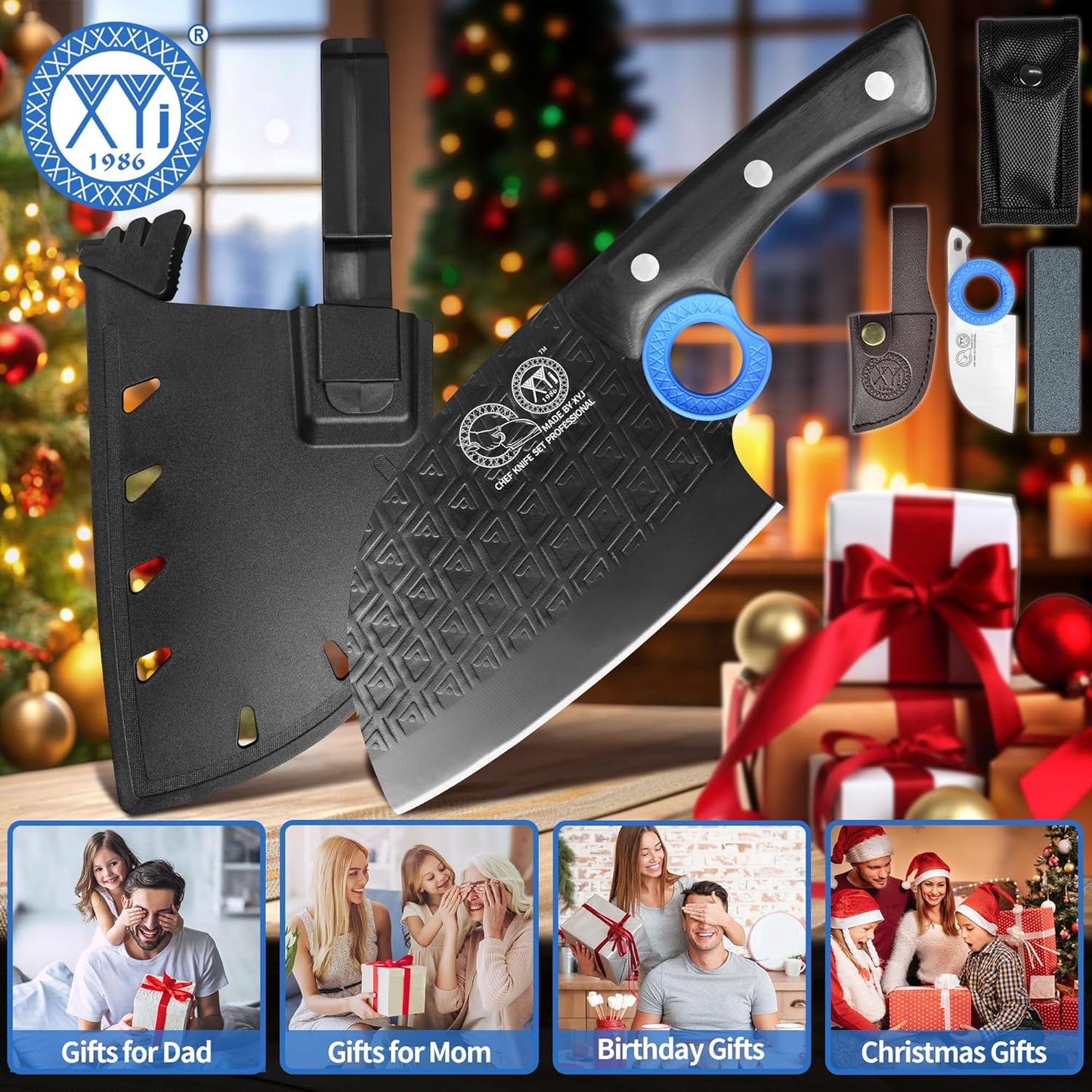 Authentic Since 1986,Heavy Duty Large Meat Cleaver,Serbian Chef Butcher Knife with Case,Chefs Vegetable Kitchen Knife,Full Tang,Wood Handle with Sheath