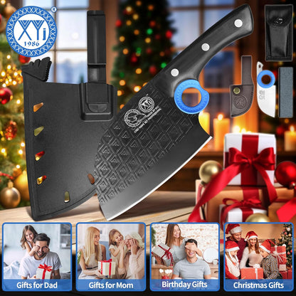 Authentic Since 1986,Heavy Duty Large Meat Cleaver,Serbian Chef Butcher Knife with Case,Chefs Vegetable Kitchen Knife,Full Tang,Wood Handle with Sheath