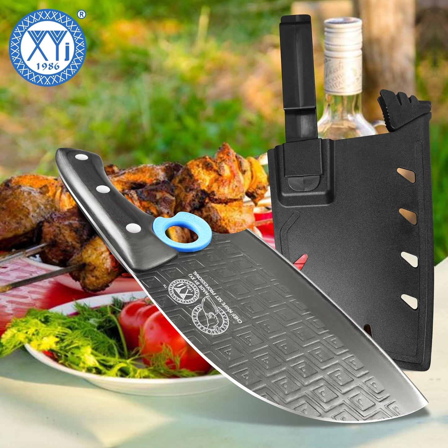Authentic Since 1986,Heavy Duty Large Meat Cleaver,Serbian Chef Butcher Knife with Case,Chefs Vegetable Kitchen Knife,Full Tang,Wood Handle with Sheath
