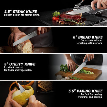 KEYCUT 13PCS Knife Set with Block and Sharpener, Full Tang Ergonomic Handle
