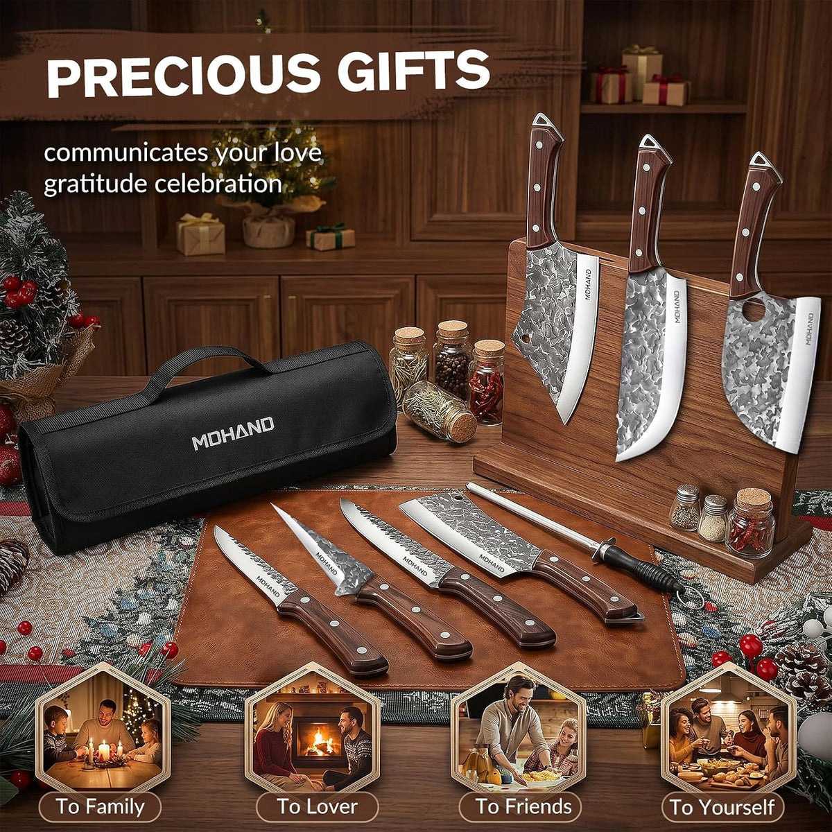 Butcher Knife Set, Hand Forged Butcher Chef Knife Set with Roll Bag