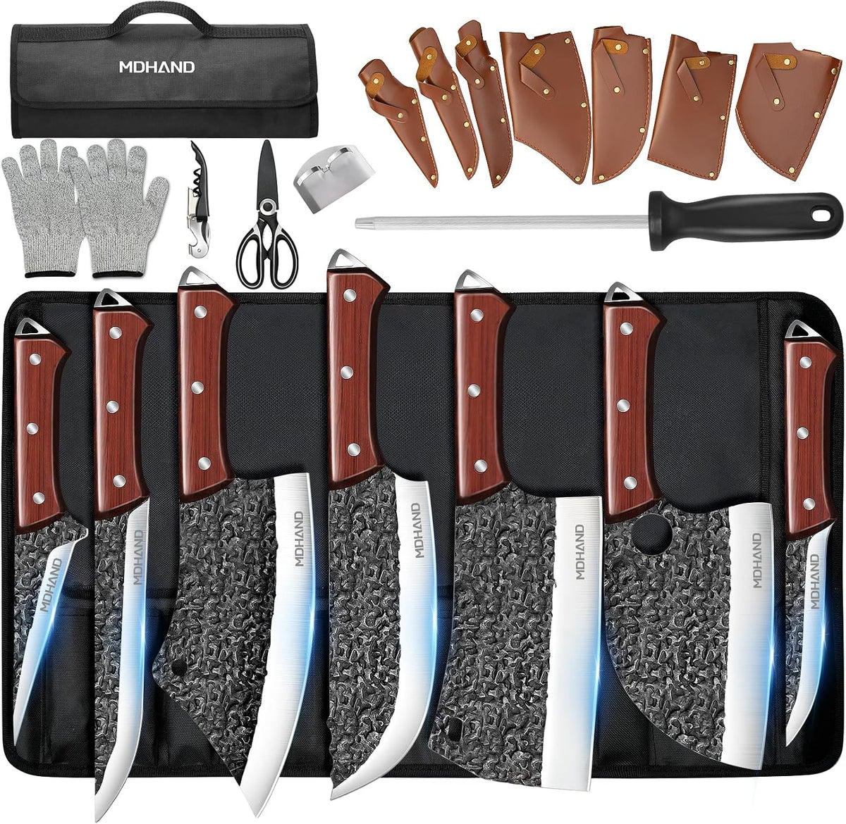 Butcher Knife Set, Hand Forged Butcher Chef Knife Set with Roll Bag